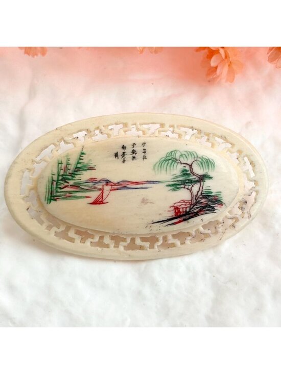 Jewelry - Chinese Hand-Carved & Painted Landscape Scenery 1950's Vintage Jewelry Brooch
